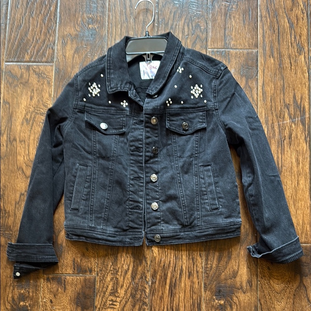 Justice Black Denim Jacket with pearls and rhinestones, size girls 12